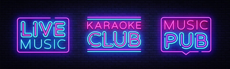 Obraz na płótnie Canvas Live Music neon signs collection vector. Karaoke Club design template neon sign, light banner, neon signboard, nightly bright advertising, light inscription. Vector illustration