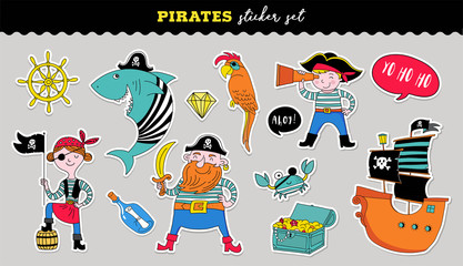 Pirate collection of hand drawn vector stickers, birthday concept