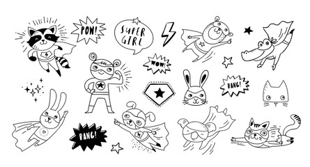 Superhero cute hand drawn animals, cat, dog, panda, bear and crocodile vector characters - obrazy, fototapety, plakaty