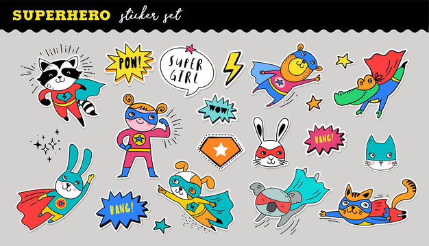 Superhero cute sticker collection. Vector hand drawn illustrations