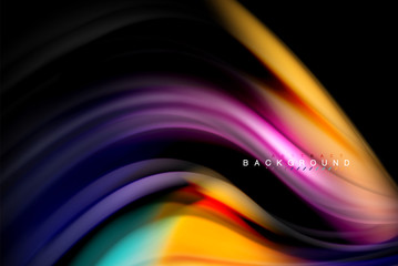 Fluid liquid colors design, colorful marble or plastic wavy texture background, glowing multicolored elements on black, for business or technology presentation or web brochure cover design, wallpaper