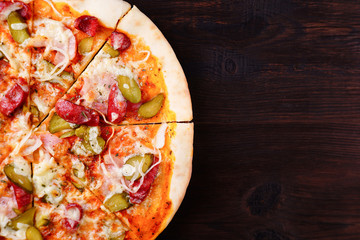 Restaurant, food delivery, pizzeria menu concept. Appetizing sliced napoli pizza flat lay with copy space. Delicious classical recipe, traditional Italian snack