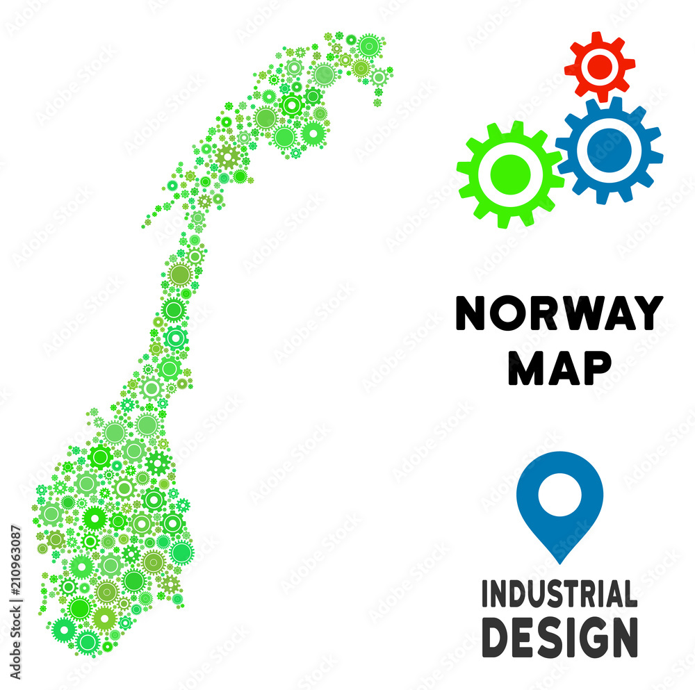 Poster gear norway map collage of small cogs. abstract geographic plan in green color hues. vector norway m