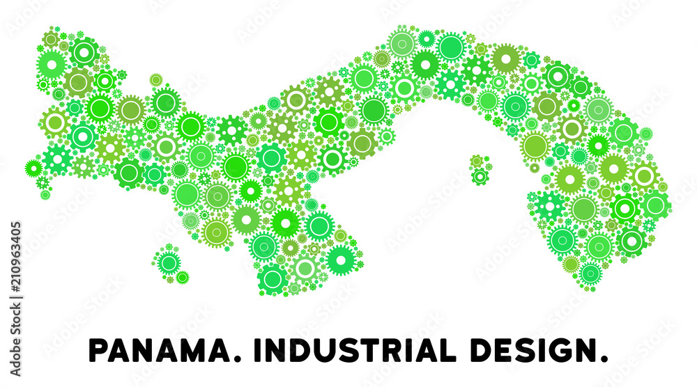 Poster gear panama map composition of small cogs. abstract geographic plan in green color tints. vector pan