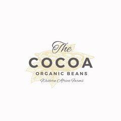 The Cocoa Organic Beans Abstract Vector Sign, Symbol or Logo Template. Elegant Cacao Bean Half Sillhouette with Leaves and Retro Typography. Vintage Luxury Emblem.