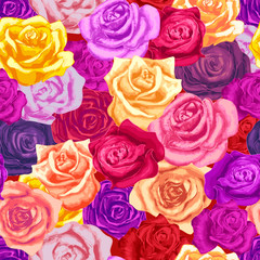 Fototapeta na wymiar A lot of beautiful bright colorful rosebuds, seamless pattern