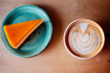 Coffee and mango cheesecake.