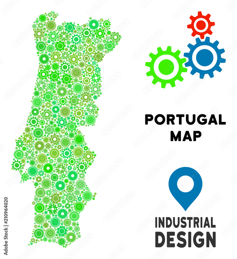 Poster gear portugal map collage of small cogs. abstract geographic plan in green color tinges. vector port