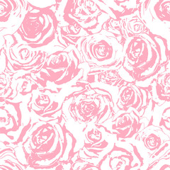A lot of beautiful bright pink rosebuds on white, lovely seamless pattern