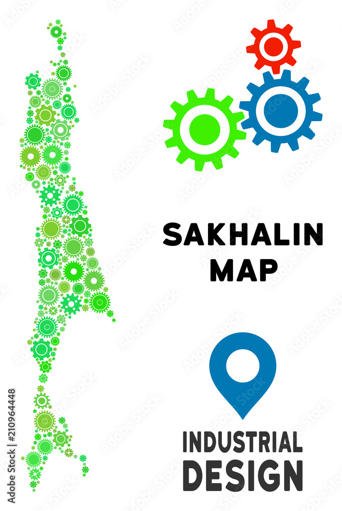 Poster gear sakhalin island map mosaic of small wheels. abstract geographic scheme in green color hues. vec