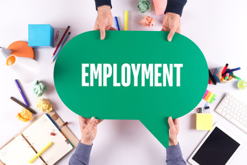 Two people holding speech bubble with EMPLOYMENT concept