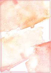 Pale pink and warm beige abstract brush strokes painted in watercolor surrounded by double rectangular frame on clean white background. International standard A4 size paper template. 
