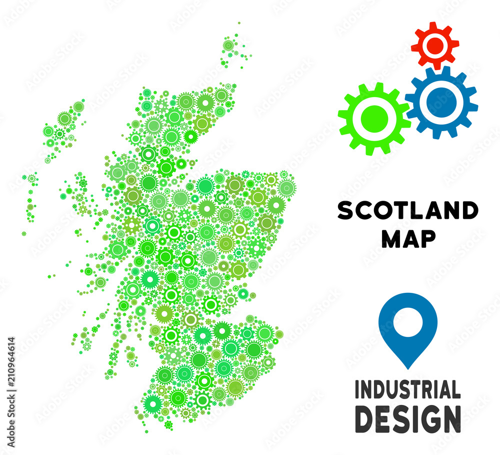 Poster gear scotland map composition of small wheels. abstract territorial scheme in green color tints. vec