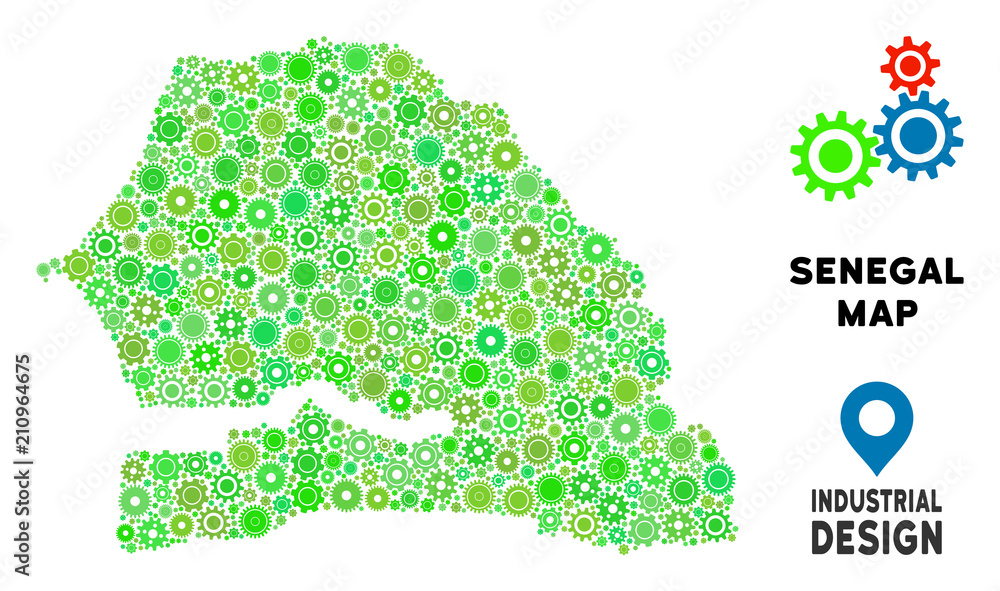 Poster gear senegal map composition of small cogwheels. abstract territorial scheme in green color tints. v
