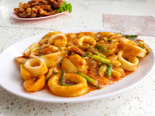 Stir-Fried Squid with Salted Eggs ,Thai Food.