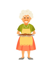Smiling cartoon grandmother with pies. Vector illustration