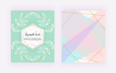 Modern backgrounds with white leaves, geometric design, pastel colors triangular shapes, golden glitter lines. Cover for invitation, placard, birthday, brochure, banner, layout, card, flyer