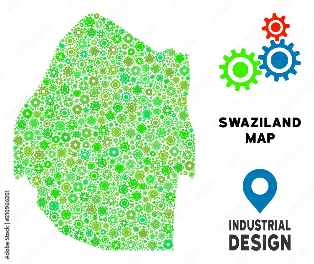 Poster gear swaziland map composition of small cogs. abstract geographic scheme in green shades. vector swa