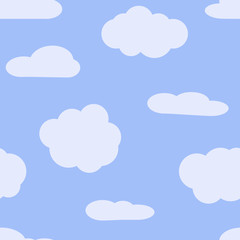 Seamless background with blue sky and white cartoon clouds. Vector illustration.
