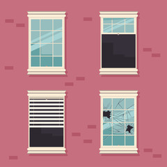 Windows broken, open, closed and with blinds on a brick wall vector cartoon flat illustration.