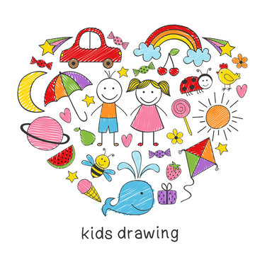 colored kids drawings in form of heart - vector illustration, eps