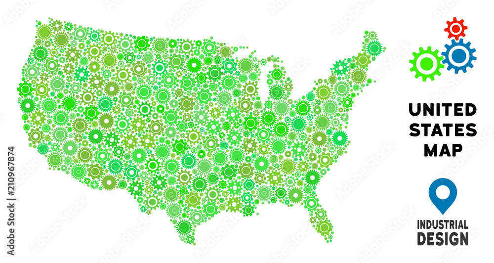 Poster gear usa map collage of small cogs. abstract geographic plan in green shades. vector usa map is crea