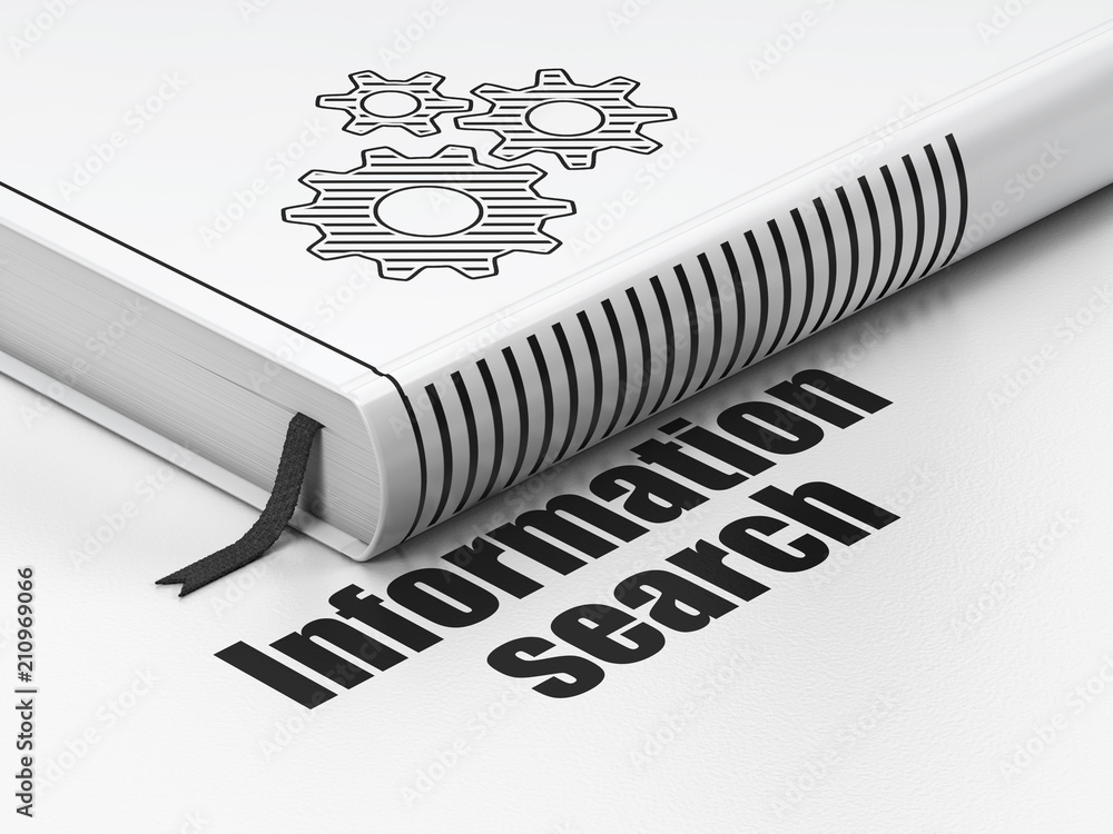 Poster data concept: closed book with black gears icon and text information search on floor, white backgrou