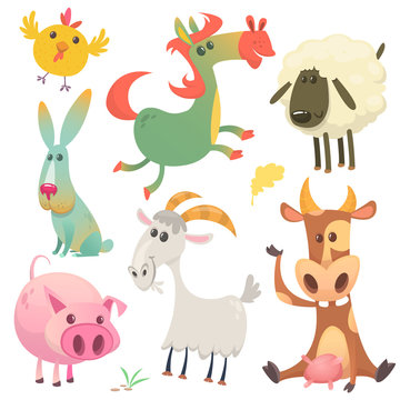 Cute farm baby animals set collection. Vector illustration of cow, horse, chicken, bunny rabbit, pig, goat and sheep
