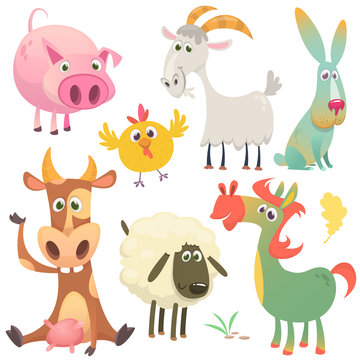 Cartoon farm animals set. Vector illustration. Cow, horse, chicken, bunny rabbit, pig, goat and sheep