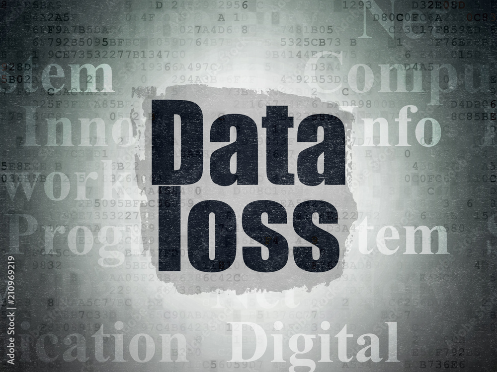 Poster information concept: painted black text data loss on digital data paper background with tag cloud