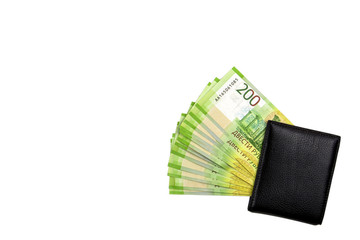 Russian cash. Bill in 200 rubles. Black man's purse. Isolated