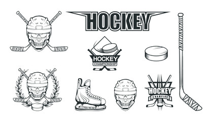 Fototapeta premium Set of different elements for hockey playing. Hockey helmet. Professional ice skates illustration. Skull with hockey helmet. Ice Games logo. Goalkeeper mask with sticks. Vector graphics to design.