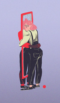 Illustration of woman hugging mirror