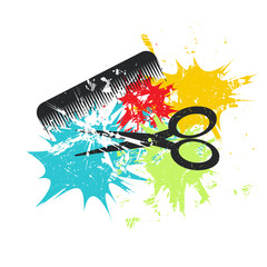 Comb and scissors. Grunge vector illustration