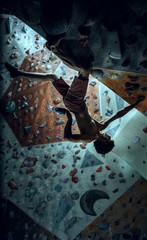 Fototapeta na wymiar Free climber young man climbing artificial boulder indoors
