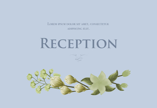 Wedding Reception Card Template With Snowdrops And Lily On Blue Background. Text Can Be Used For Invitation Cards, Postcards, Save The Date Design