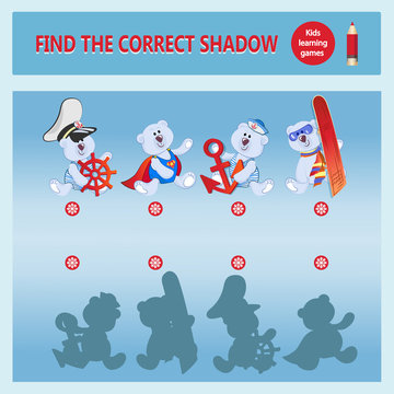 Funny cartoon bear cubs. Find the desired shadow. A learning game for children. Cartoon vector illustration. Children's educational game collection.
