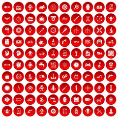 100 gear icons set in red circle isolated on white vector illustration