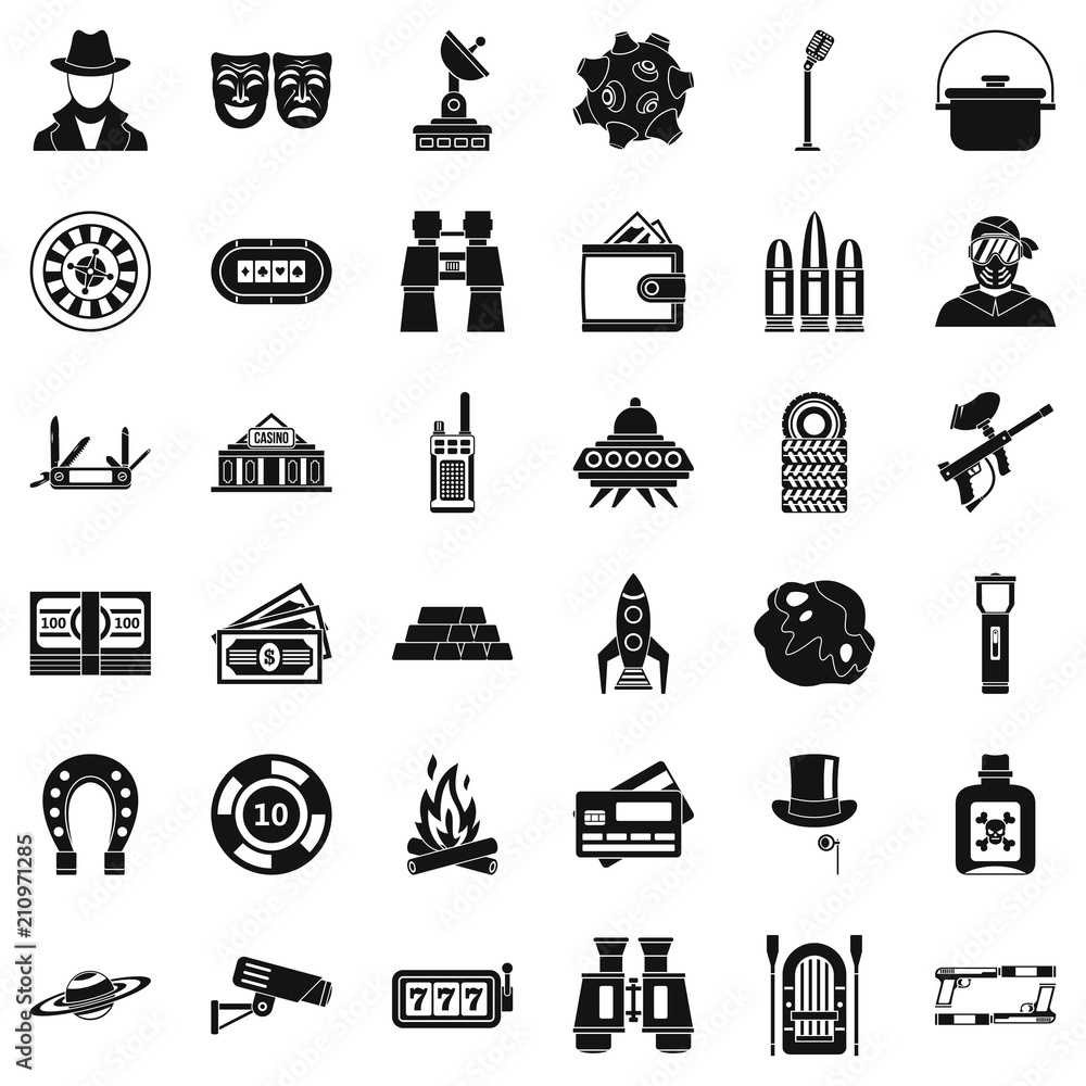 Poster active games icons set. simple style of 36 active games vector icons for web isolated on white backg