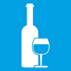 Wine bottle and glass icon white isolated on blue background vector illustration