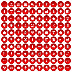 100 health food icons set in red circle isolated on white vector illustration