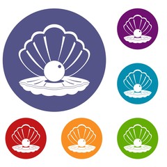 Pearl in a sea shell icons set in flat circle red, blue and green color for web