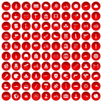 100 helmet icons set in red circle isolated on white vector illustration