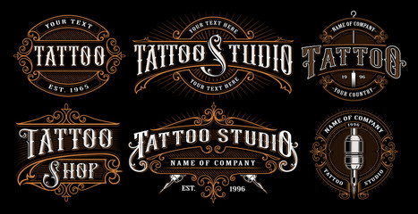 Fototapeta Set of vintage tattoo emblems (VERSION FOR DARK BACKGROUND) obraz