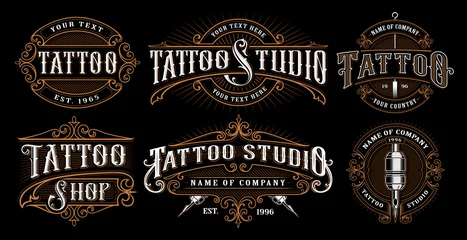 Fotobehang Set of vintage tattoo emblems (VERSION FOR DARK BACKGROUND) © Harry Kasyanov