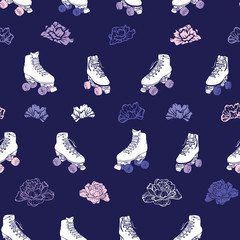 Roller Skates and Roses vector seamless pattern background.