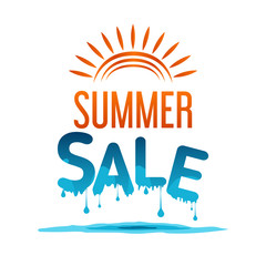 Summer sale background, poster, banner. "SALE" melted. Vector illustration. Hot and warm, sun, blue and orange colors. 