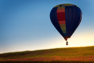 hdr shot of hot air balloons flying over field of flowers clouds  (selective focus)