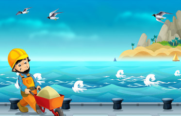 cartoon scene with worker on some harbor doing some work - illustration for children 