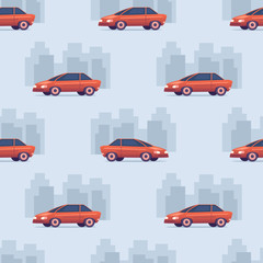 Seamless car cartoon pattern on silhouette of city